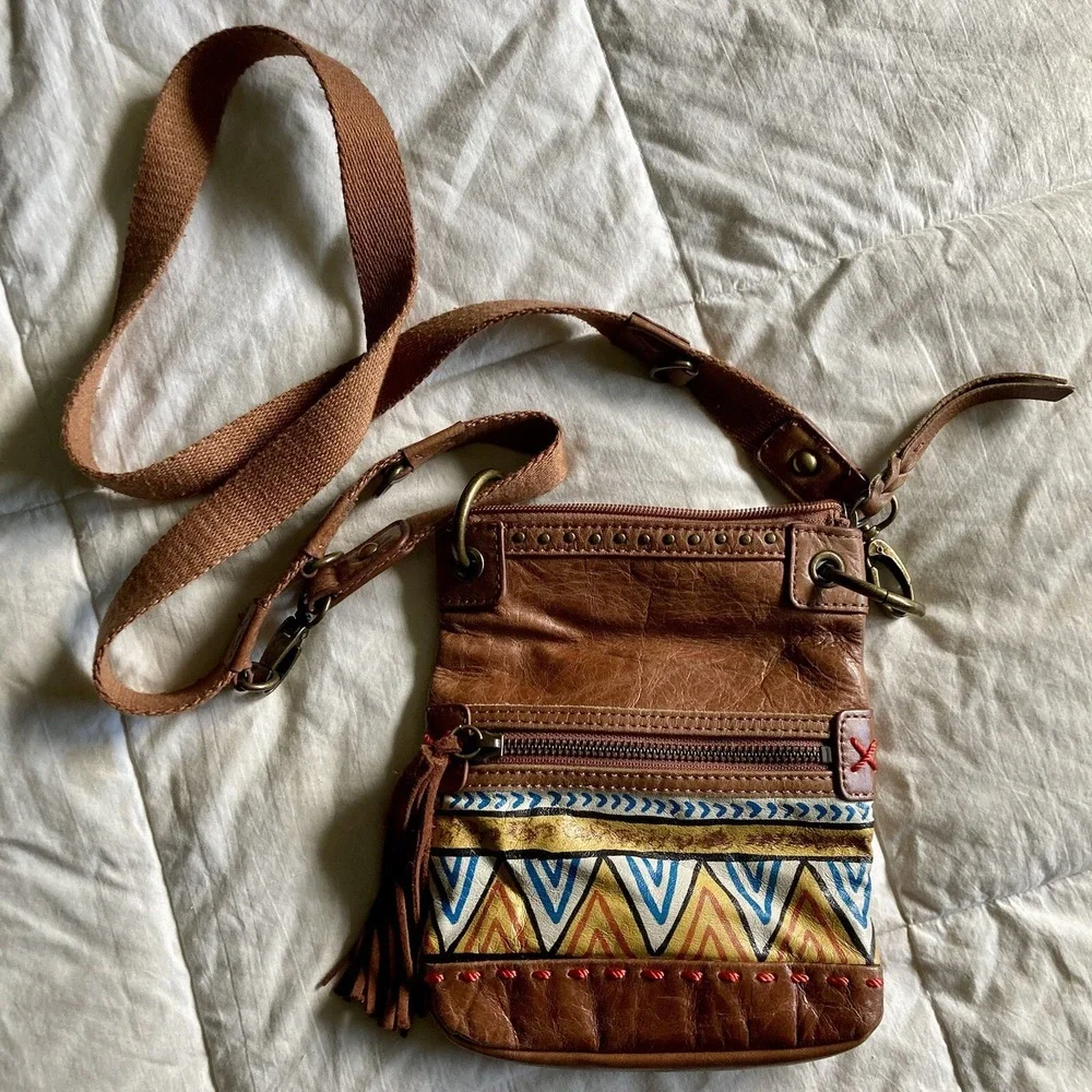 THE SAK Pax Leather Small Crossbody Purse Tribal Brown Convertible Strap Boho